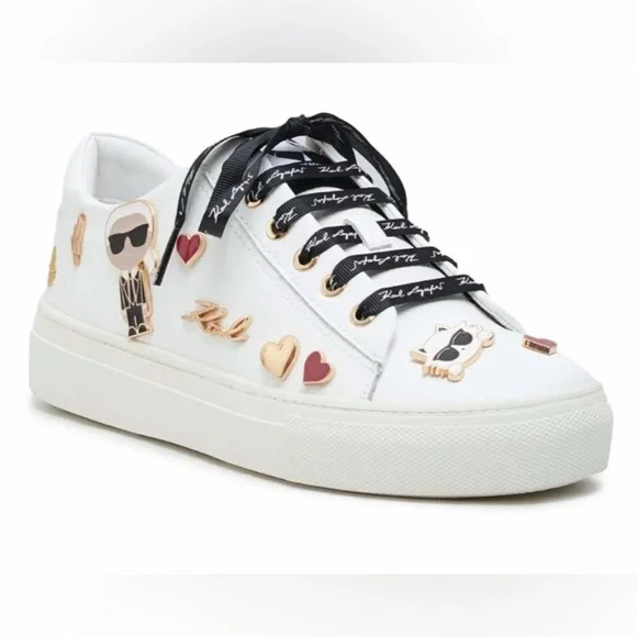 Karl Lagerfeld White Designer Sneakers Paris Cate Pin Logo Cat Size 8.5 - Picture 1 of 7
